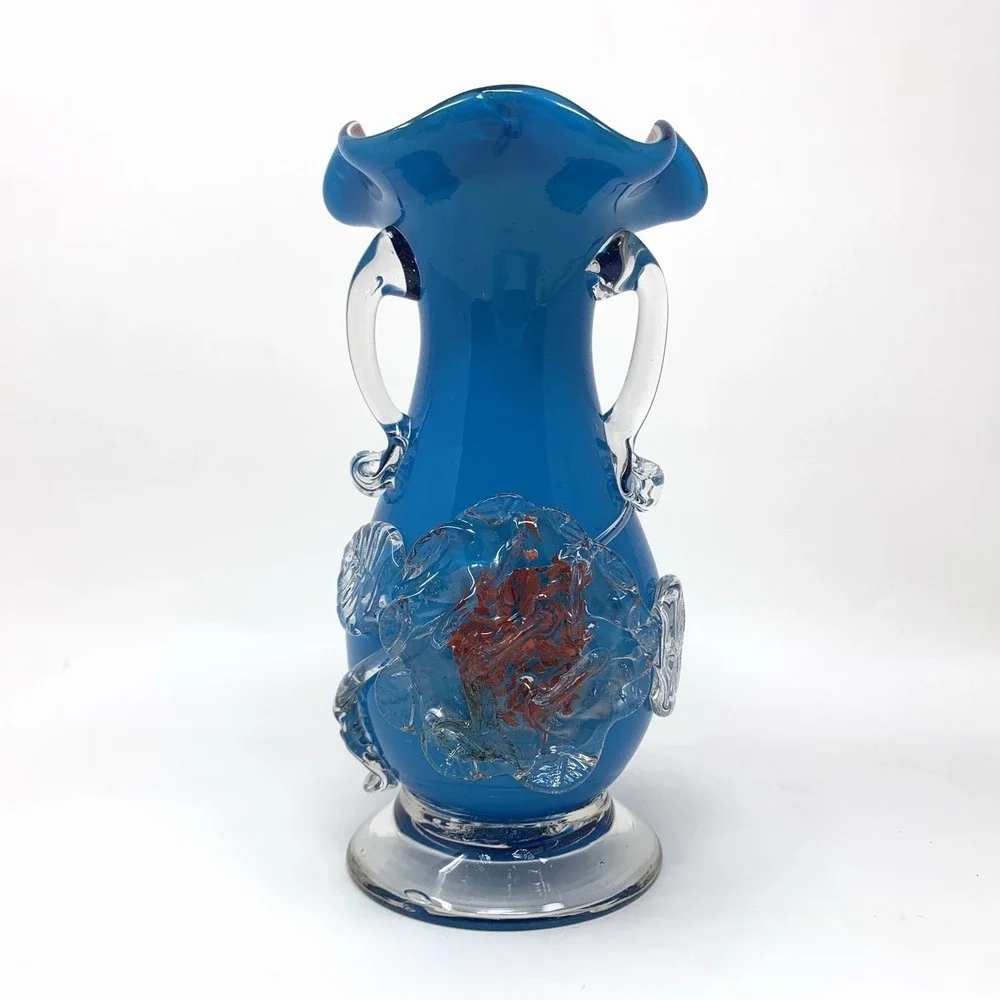 Antique Stevens & Williams Blown Glass Vase Applied Flower Cased Red Rim